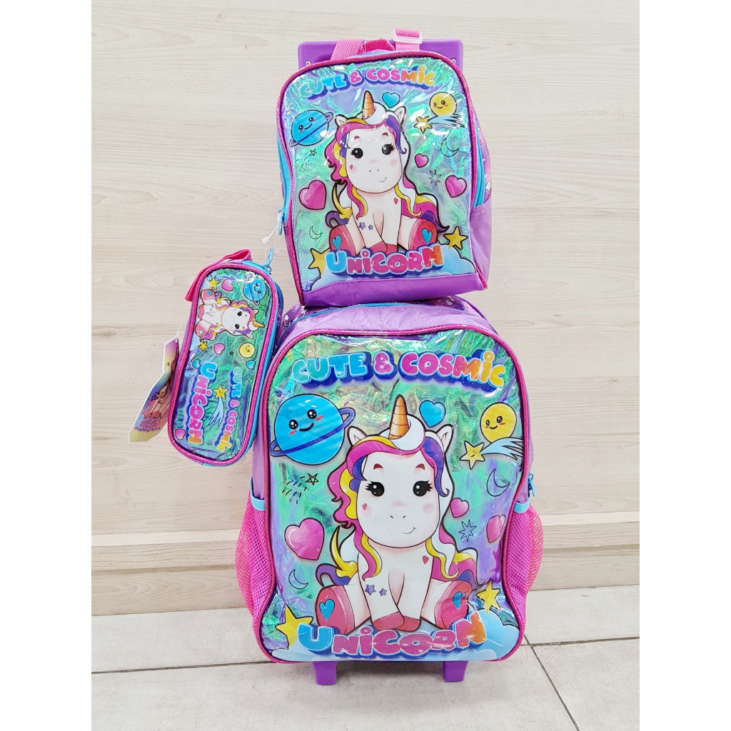 1 surpresa+ kit Mochila Unicórnio Escolar Menina Infantil Com Mochila de Rodinhas + Lancheira + Estojo dupla