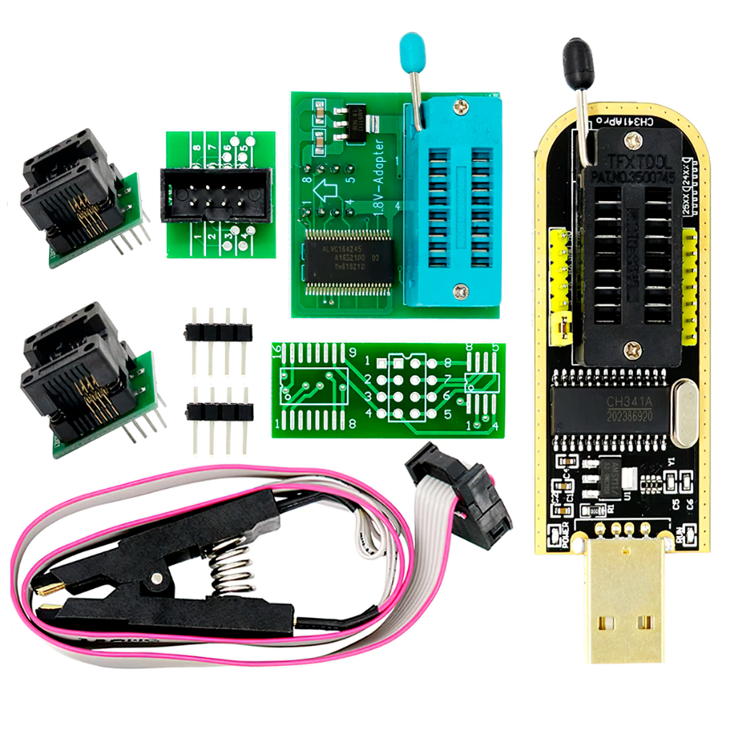 Gravadora de Chip Bios Eprom Series 24 25 Ch341a Programador Adaptador SOIC 8 16 Pinça Garra Jacaré Gravador Regulador Voltagem 1.8v