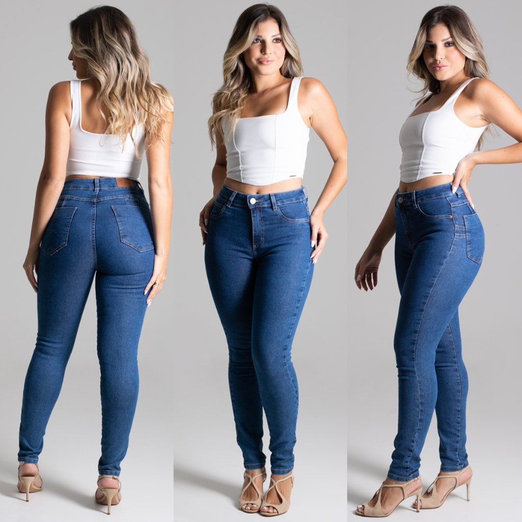 Calça Skinny Feminina Jeans Cós Alto Levanta Bumbum C/ Lycra