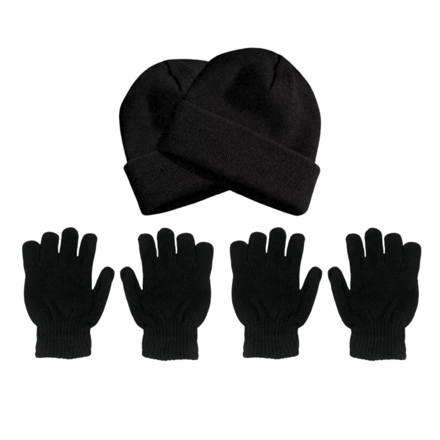 Kit 2 Toucas Gorro Lã + 2 Pares de Luvas Poliéster Elastano Preta Unissex Masculino Feminino Adulto Tamanho Único p/ Frio Inverno Vento