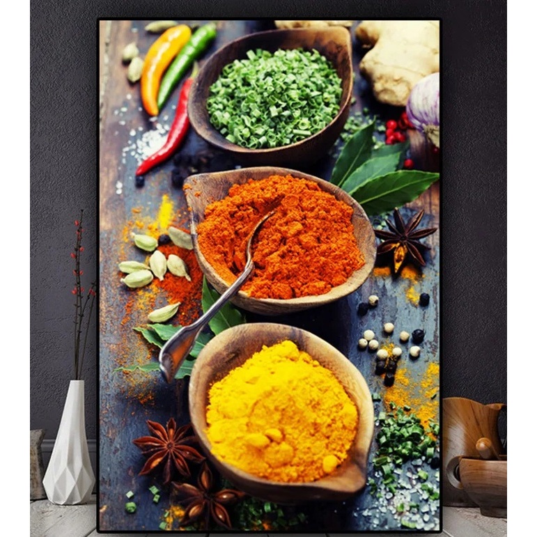 Quadro decorativo 1 peça 40x60 natureza grãos especiarias colher pimentas comida decoração para cozinha restaurantes