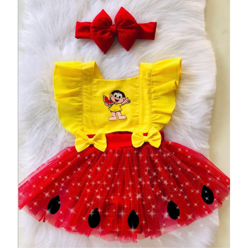 Romper Melancia Magali Baby Luxo Body Salopete Fantasia Vestido Saia Jardineira Roupa Infantil Bebê Menina Frutas Frutinha