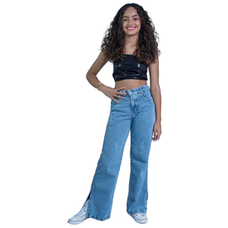 Calça Jeans Wide Leg Rasgada Infantil Juvenil Meninas Blogueirinha