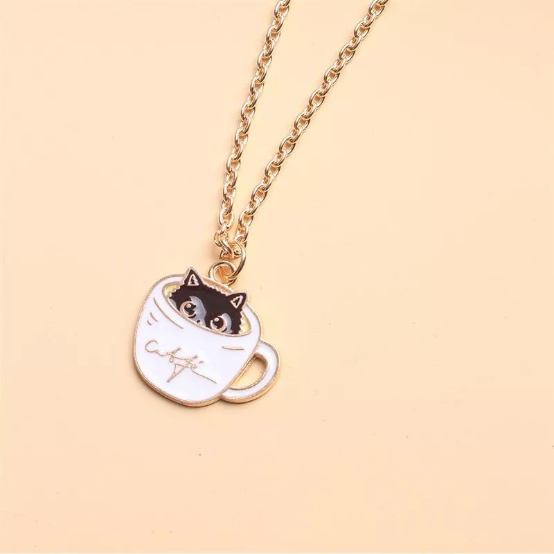 Colar gato na xícara de café - cordão - pingente - gato preto café
