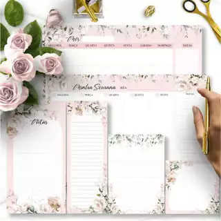 Kit Desk Planners e Bloquinhos Coleção Floral Rosa+ Planejador Diário Blocagem