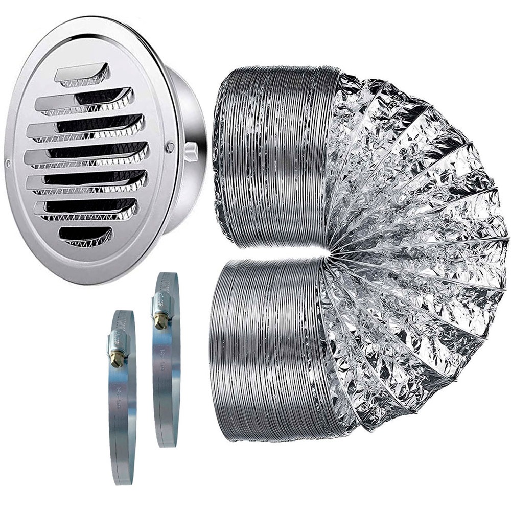 Veneziana Grade 100mm em Aço Inox com Tubo Duto Para Saída Ar Quente Secadora Exaustor Depurador Trailer Motor Home