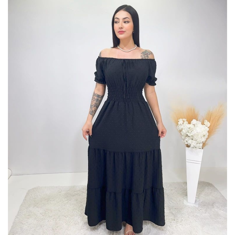 vestido longo duna pipoca manga curto ombro ombro 202409244
