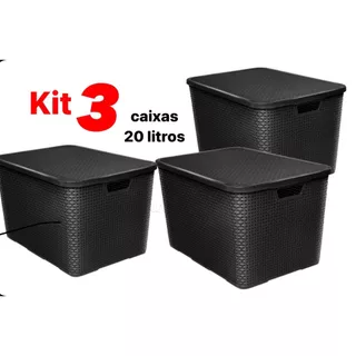 Kit 3 Caixas Organizadoras Cesto Rattan 20 Litros Com Tampa Preta Armários e Brinquedos.