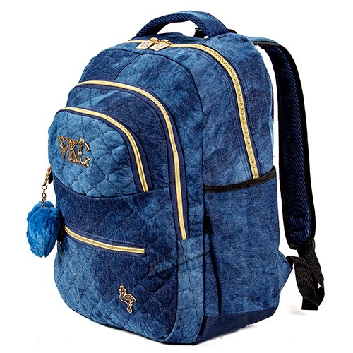 Mochila Jeans Feminina Reforçada Escolar trabalho dia a dia + chaveiro pompom