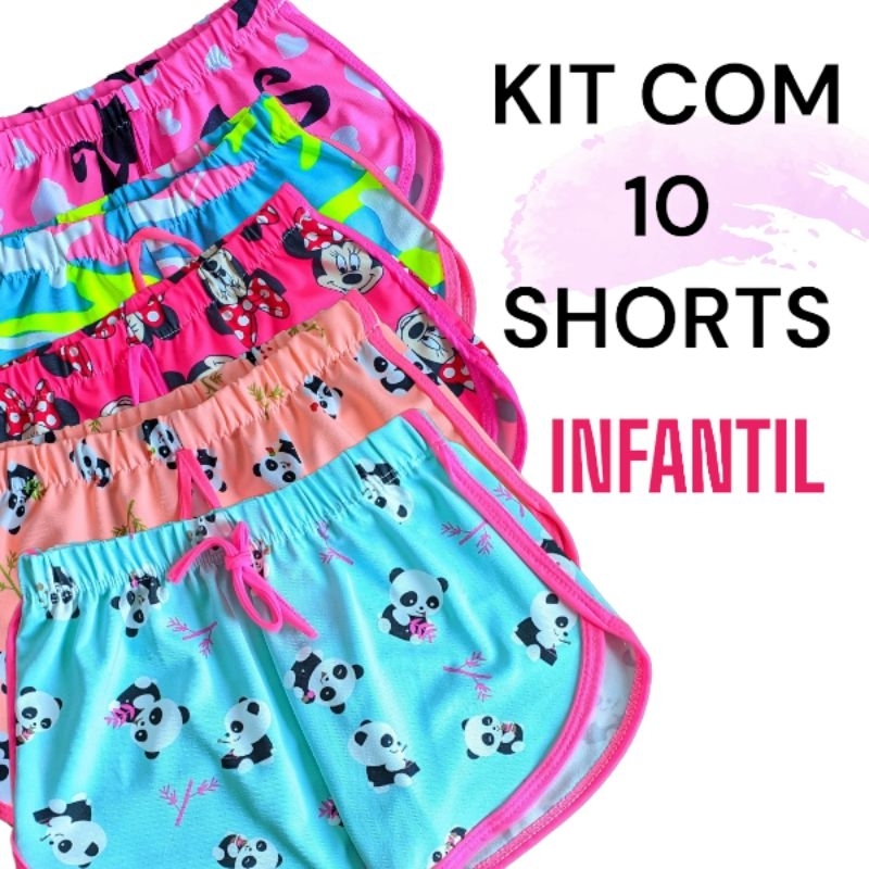 Kit Short Infantil menina shortinho elástico praia piscina seca rápido  estica verão atacado revenda