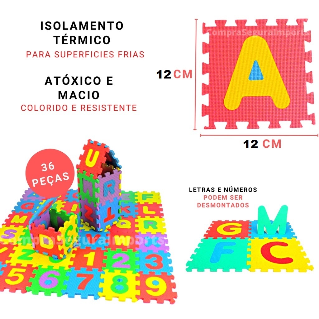Tapete EVA Alfanumérico 36 Peças Quebra Cabeça Colorido Letras e Números Promoção
