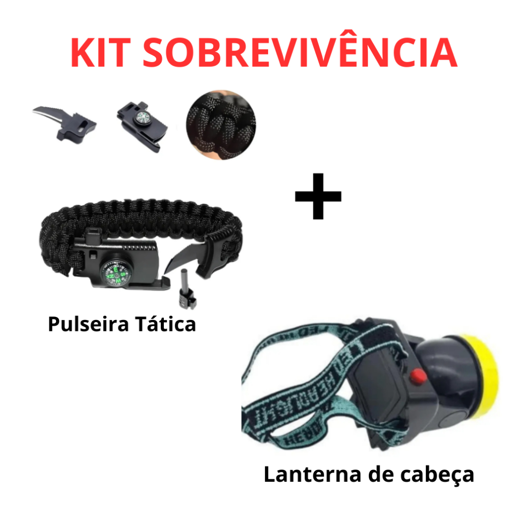 Kit Sobrevivência Pulseira Tática E Lanterna de Cabeça 3w Sobrevivencialismo Escoteiro Selva Trilha Acampamento