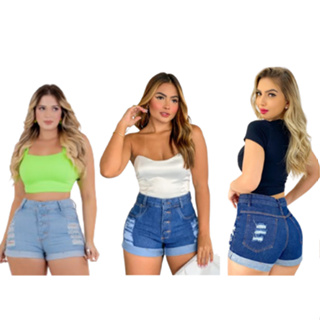Kit 3 Short Jeans Feminino Cintura Alta, Promoção Relâmpago