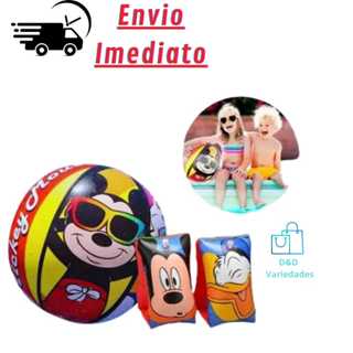 Kit Bola + Boia de Braço Mickey Inflável Infantil Para Menino Disney Verão Proteção