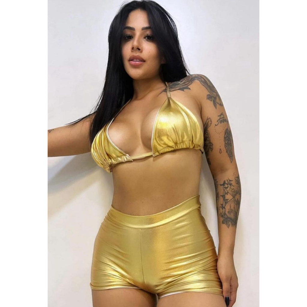 Conjunto Metalizado Top Bíquini e Short Hot Panties Carnaval Fantasia  Dourado