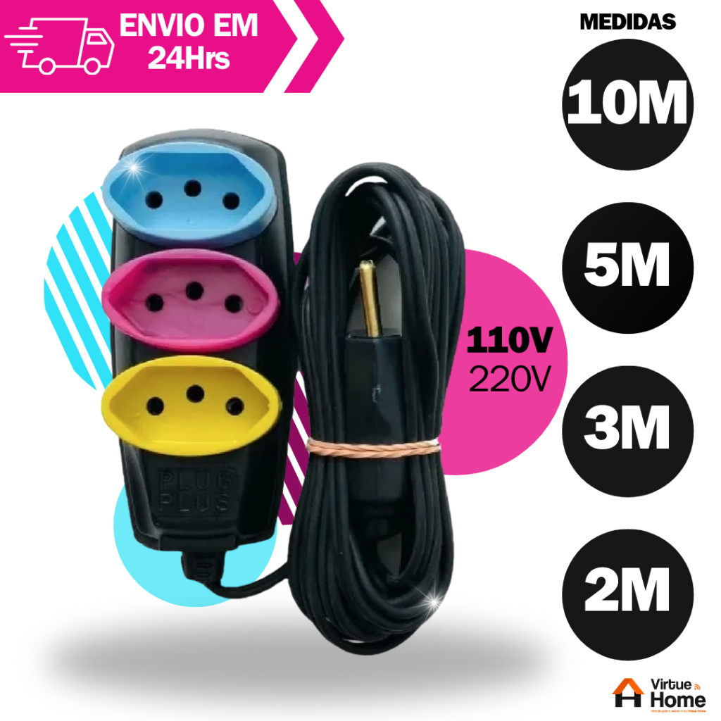 Extensão Elétrica Bivolt (2/3/5/10) Metros - Tomadas Tripolares Coloridas