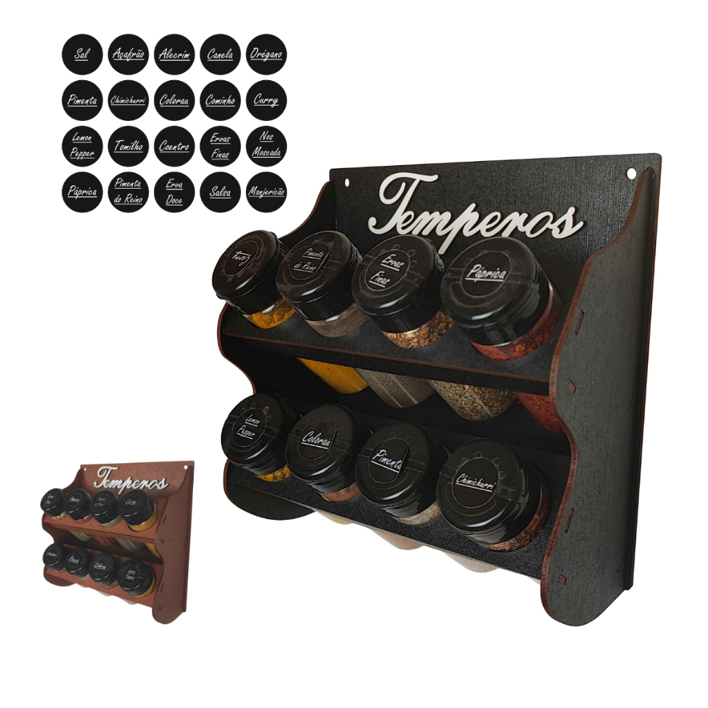 Porta Temperos de Parede 8 Potes com Cartela de Etiquetas