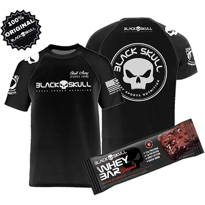 Camiseta Black Skull Original Caveira + Barrinha de Proteína Dry