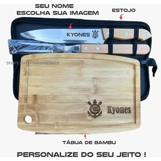 Estojo Churrasco Faca Garfo e Tábua Kit Personalizado Com Seu Nome