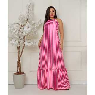 Vestido Longo, Listrado, c/bojo, Costa nua