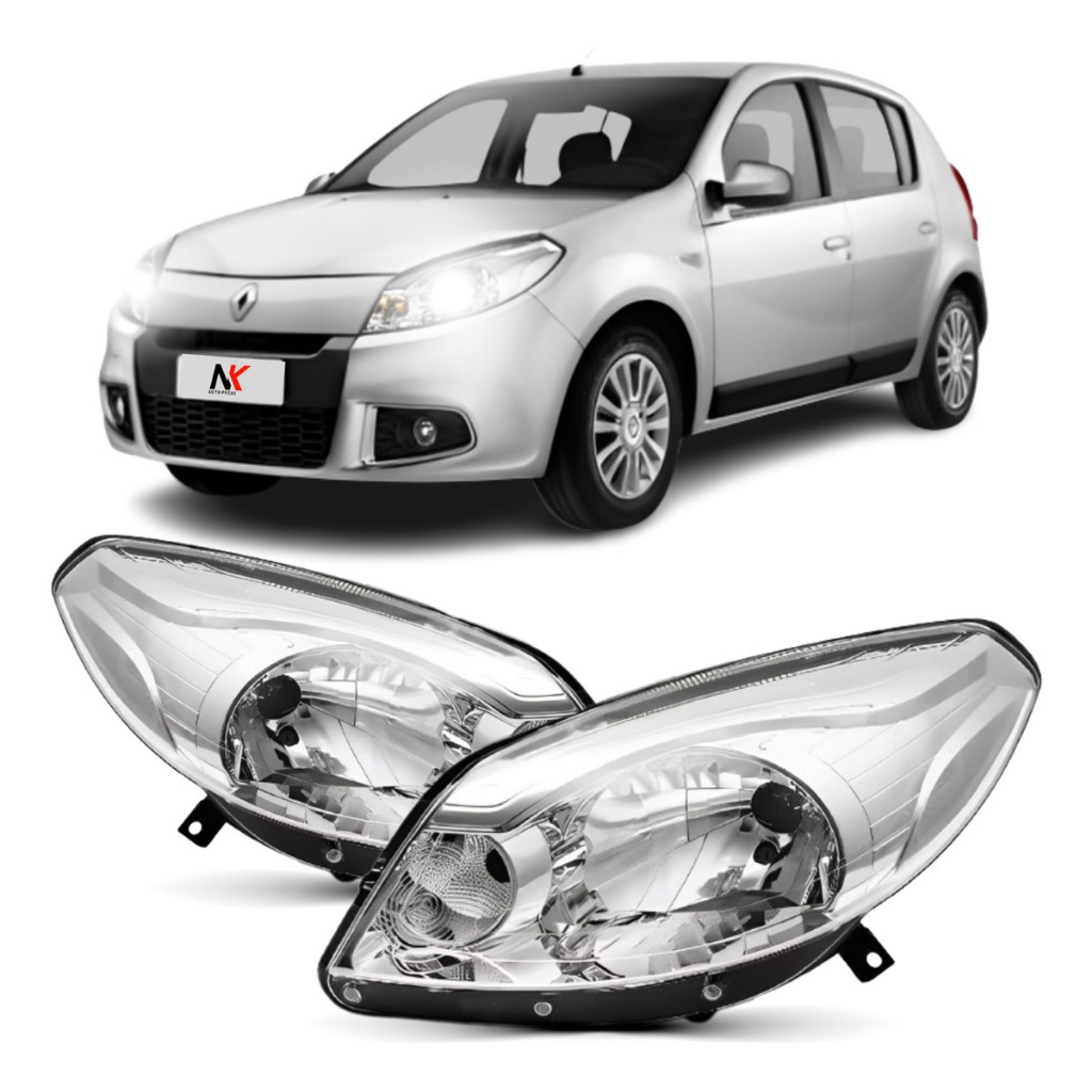 Farol Compatível com Renault Sandero 2012 a 2014 Foco Simples Máscara Cromada