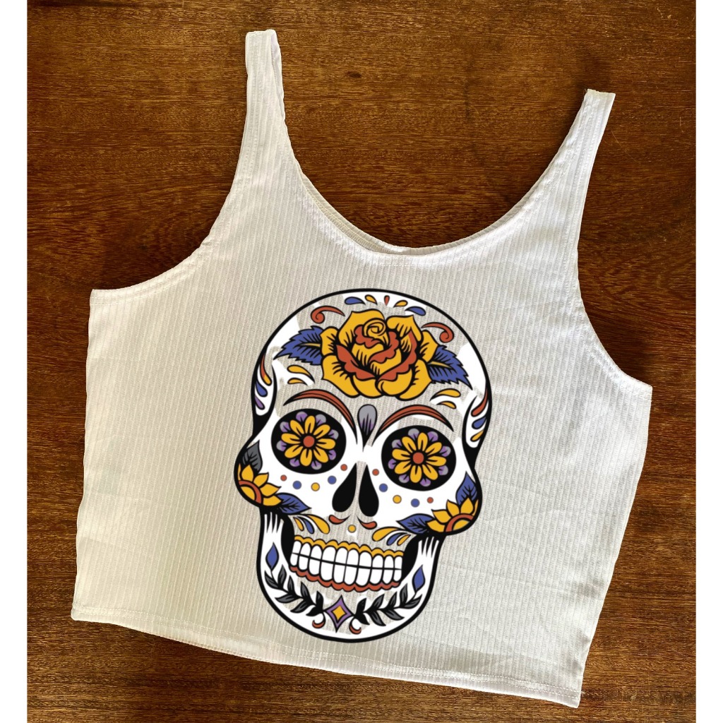 Cropped da Caveira com Flor - Canelado Feminino