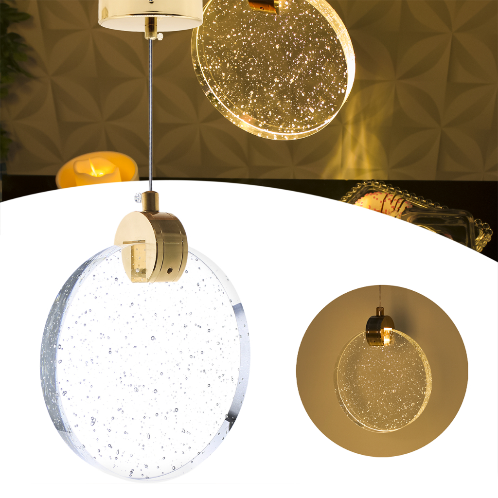 Luminária Pendente Led Disco Cristal C/ Bolhas Dourado 8111