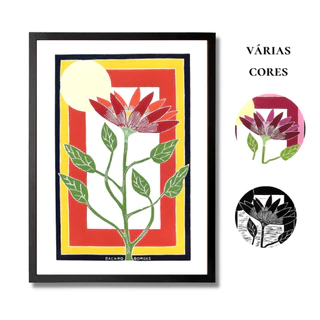 Xilogravura Quadro 48x66cm Flor Vermelho ou Rosa ou Preto 48x66cm para Sala quarto Decorativos Bacaro Borges