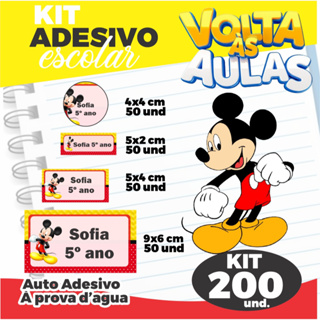 KIT adesivo MICKEY - 200 adesivos Vinil - Autocolante - Material Escolar