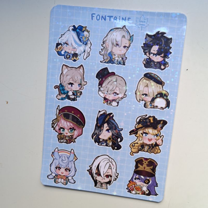 CARTELA HOLOGRÁFICA FONTAINE GENSHIN IMPACT ADESIVOS STICKERS FURINA FOCALORS NAVIA NEUVILLETTE LYNEY LYNETTE FREMINET