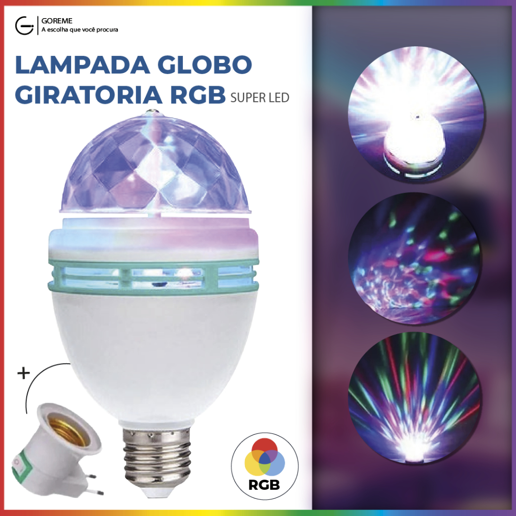 Lâmpada Giratória Colorida Led Bola Maluca Rgb + Adaptador Tomada para Festas Baladas