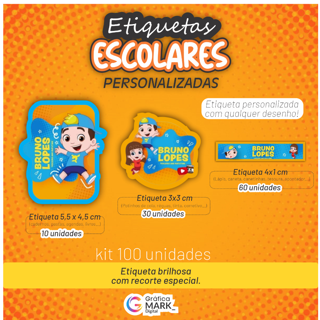 kit 100 Adesivo etiqueta escolar Personalizado - COM RECORTE - material ...