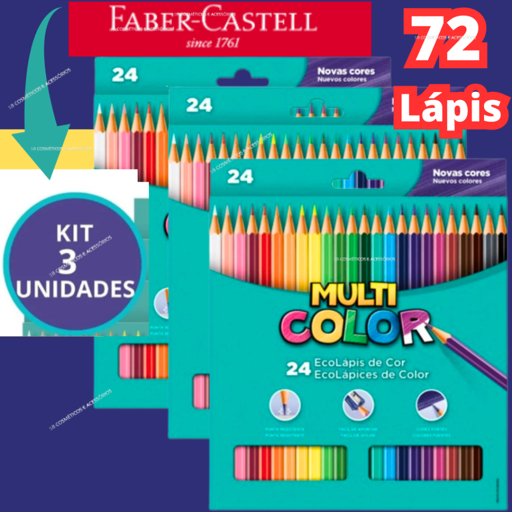 Kit 3 Caixas de Lápis De Cor 24 Cores Multicolor Faber Castell | Shopee ...