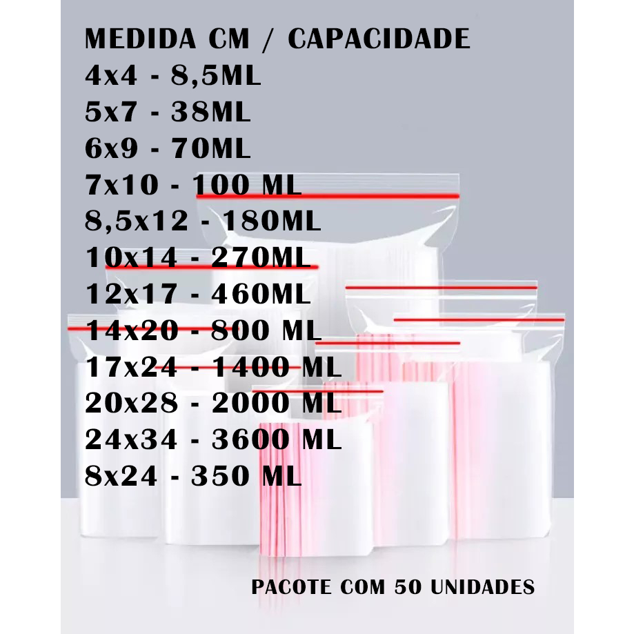 Saco Zip Lock Hermético Abre e Fecha - C/ 50 Unidades