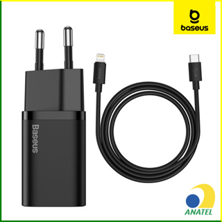 Carregador Rápido para iPhone Completo Adaptador De Energia Baseus 20w Super Si Quick Charger - com cabo Type-C para Lightning 1m Iphone 11 12 13 14 Mini Pro Max - Preto e Branco