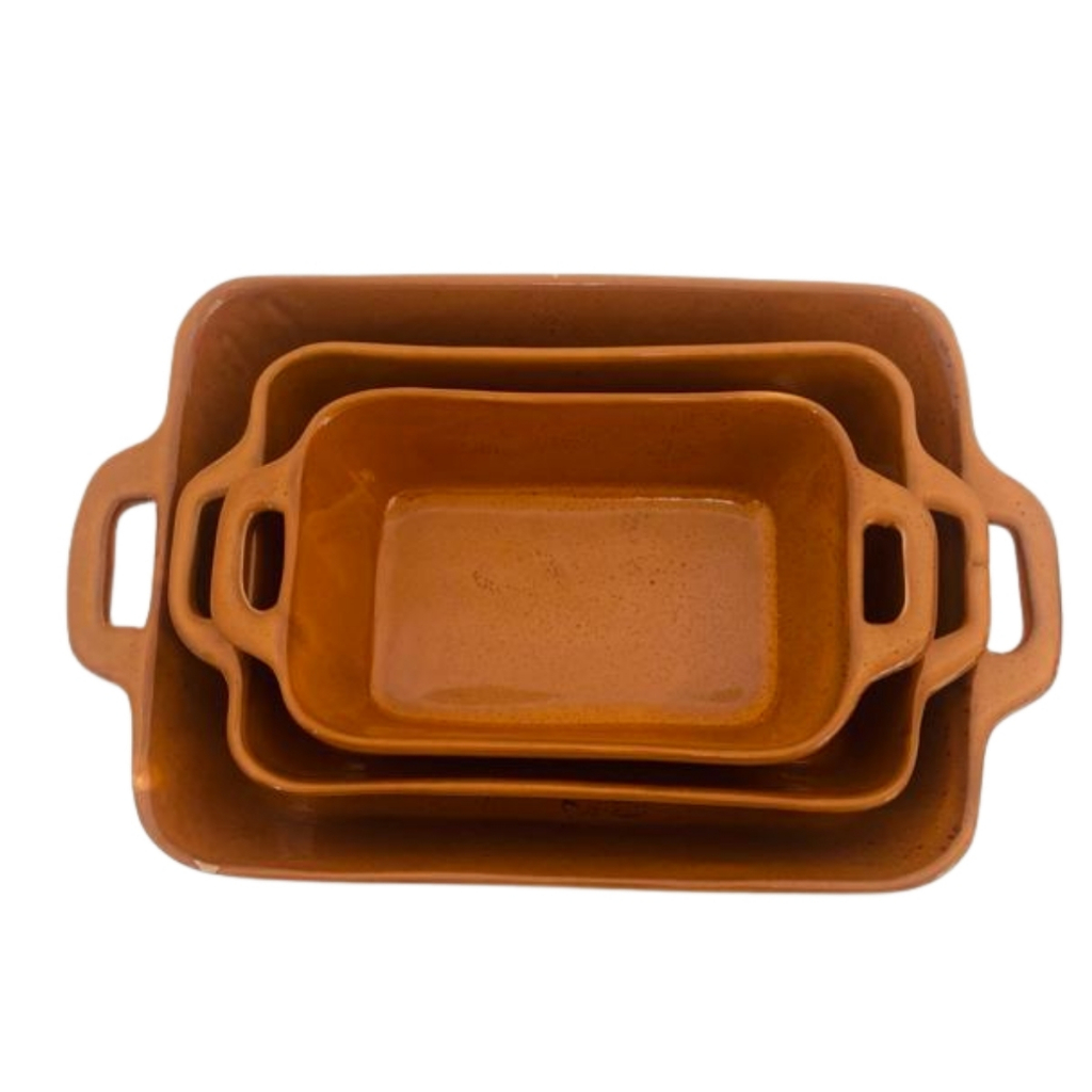 Kit 3 Travessas Pequena Média Grande Com Alça Retangular Cerâmica Louça Decoração Mesa Posta Gourmet Restaurante Buffet