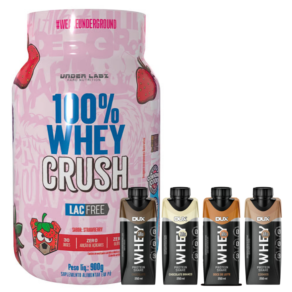 100% Whey Crush 900g Under Labz – S/ Lactose, Glúten + Whey Shake Protein – 250ml – Dux (4 Un)