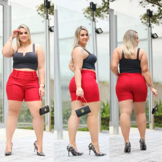 Shorts Feminino Plus Sizer com Cinto Tecido Bengaline Com Lycra