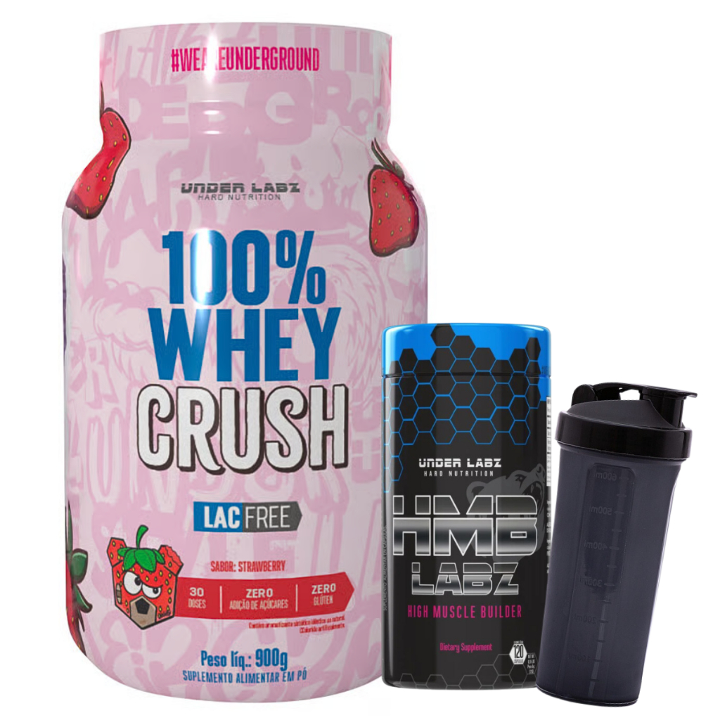 100% Whey Crush – 900g – Under Labz – S/ Lactose, Glúten + HMB Labz 120 V-Caps + Coqueteleira