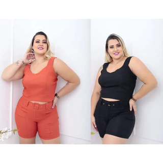Kit 2 Bermudas Shortinho Feminino Plus Sizer Tecido Bengaline com Lycra