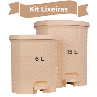 Combo Lixeiras Creme 15 Litros + 6 Litros Rattan Com Pedal de Escritório, Cozinha, Banheiro, Quarto