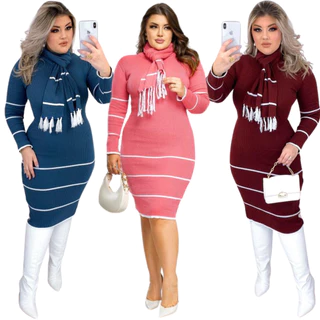 Vestido Midi Chique De Tricô Modal Tubinho Manga Longa Festa