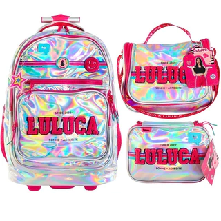 Kit Mochila Rodinha Grande Luluca 2024 Youtuber Material Escolar Rosa Holográfico c/ Frases Motivacionais + Lancheira Térmica + Estojo