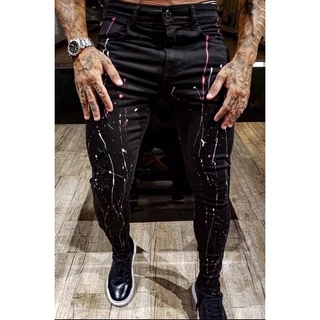 Calça Jeans Masculina Preta Lycra Skinny Elastano Destroyed Tinta Splash
