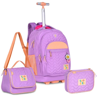 Kit Mochila Rodinha Grande Luluca 2024 Youtuber Material Escolar LuLike Lilás Clio Style + Lancheira Térmica + Estojo