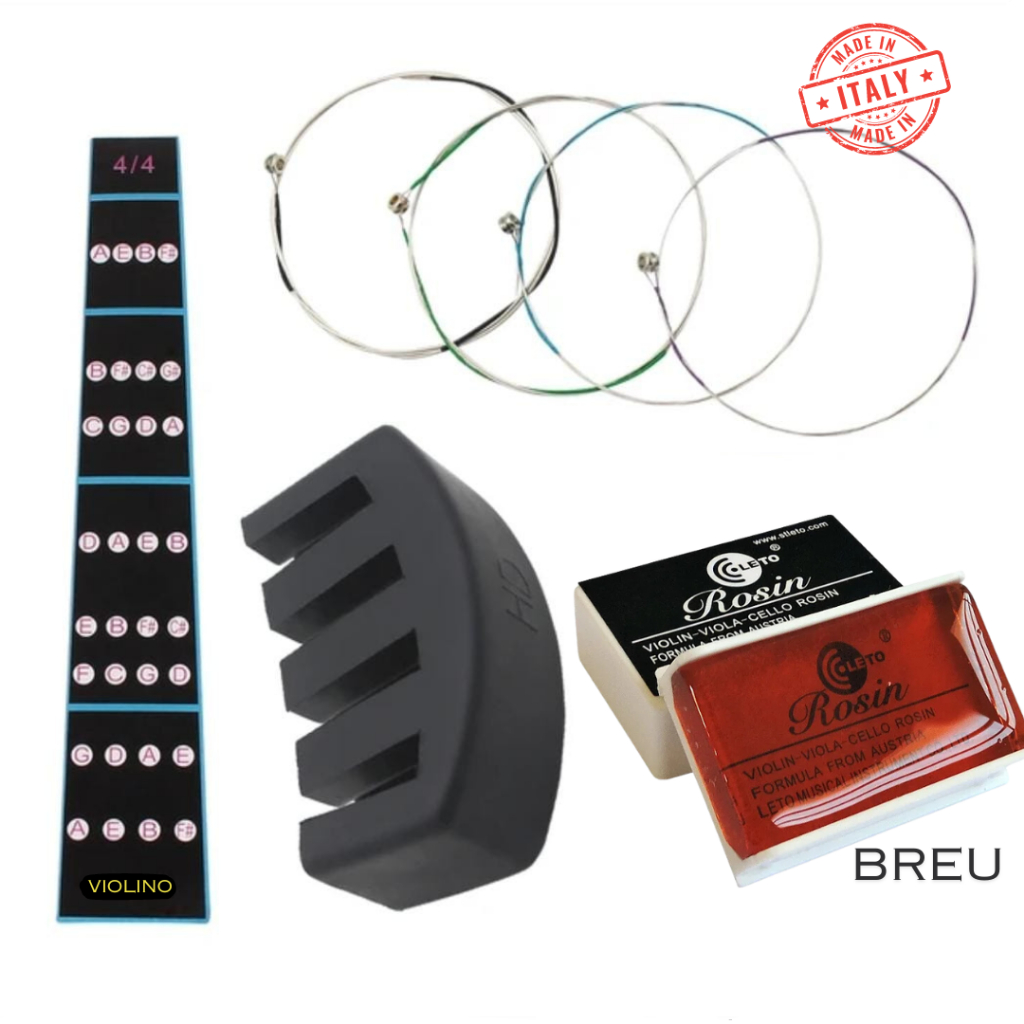 Kit Violino 4/4 completo - Gabarito de notas, jogo de cordas, silenciador e Breu