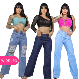 Calça jeans feminina modelo Wide Leg/Pantalona 100% algodão rasgada e lisa