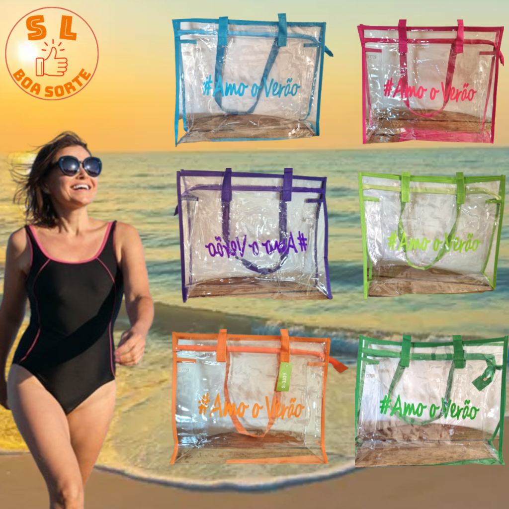 Kit Bolsa Transparente Sacola de Praia Feminina Silicone Com Necessaire Amo O Verão Impermeável Grande De Piscina Grande Praia Passeios Ao Ar Livre Viagens Com Zíper Leve De Ombro Alça Plástico Confortável Porta Acessórios Multiuso Moda