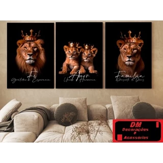 Quadros Leão Rei de Judá Decorativo com Frase Filhotes Familia 3 Peças 120x60 cm