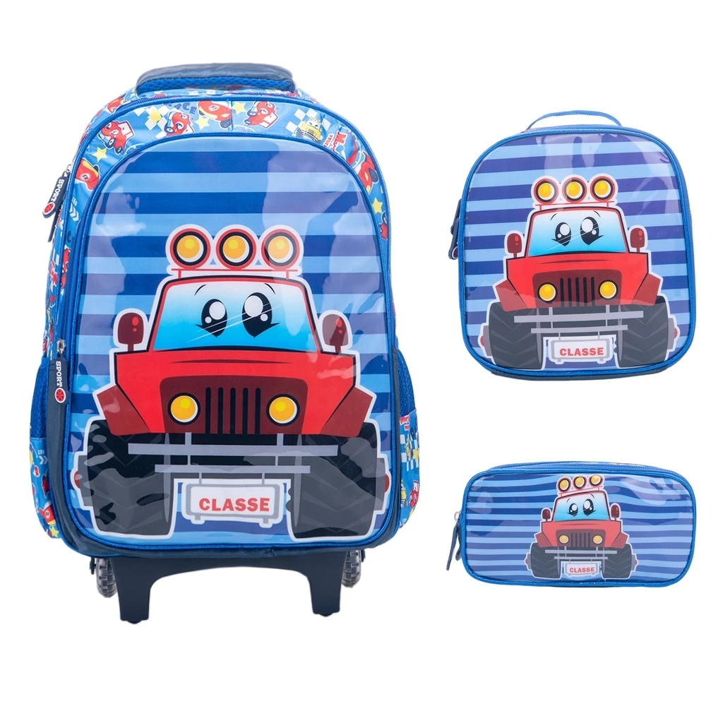 Kit Mochila Infantil De Rodinhas + Lancheira Térmica + Estojo Duplo Impermeável